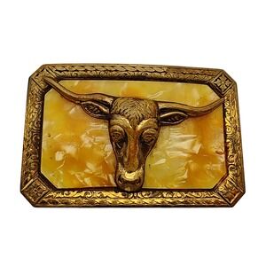 Vintage Western Longhorn Steer Belt Buckle Gold Tone Faux Marble Cowboy Rodeo